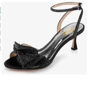 Milooey shoes Black Glitter Rhinestone Bow Sandal Ankle Strap High Heels Shoe